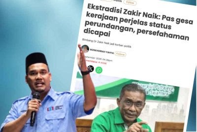 Laporan Sinar Harian pada Selasa berhubung kenyataan Takiyuddin membabitkan isu ekstradisi Dr Zakir Naik. Gambar kecil: Ashraf