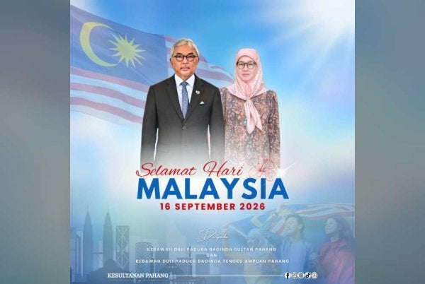 Al-Sultan Abdullah dan Tunku Azizah menzahirkan ucapan Selamat Hari Malaysia 2026 kepada seluruh rakyat Pahang. Foto FB Kesultanan Pahang
