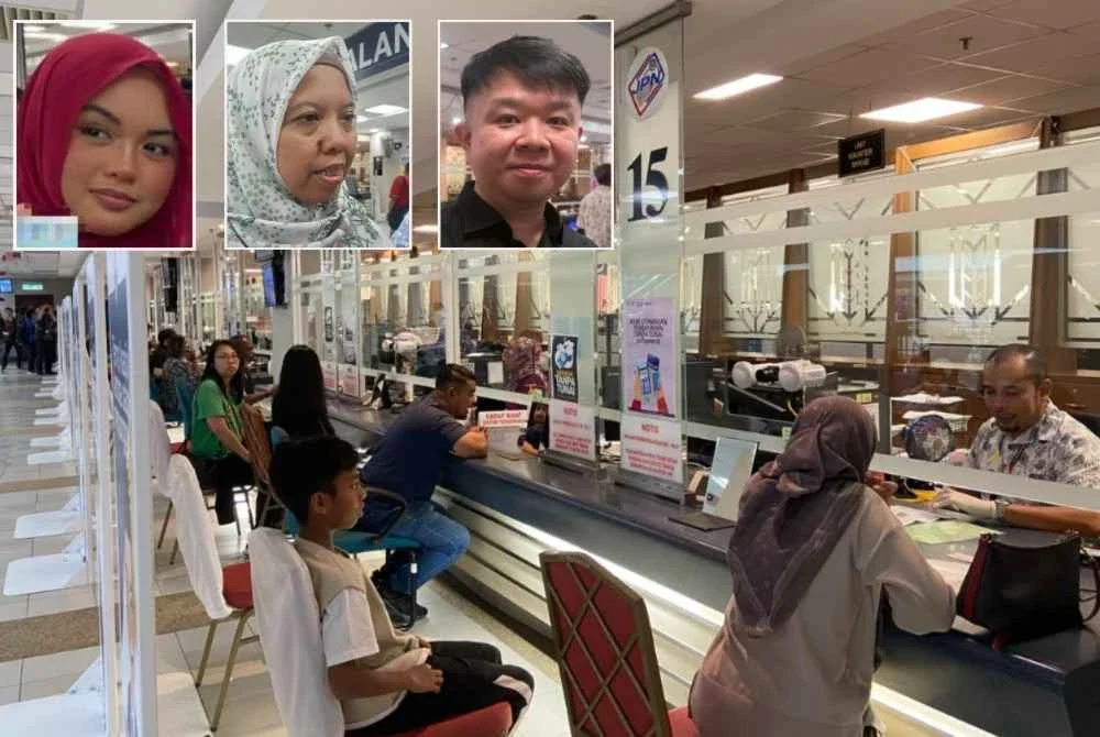Orang ramai sedang berurusan di kaunter JPN. Gambar kecil dari kiri : Puteri Nur Syafiqah, Shaza Nuizeaan Shafie dan Foo Yew Jin