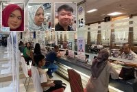 Orang ramai sedang berurusan di kaunter JPN. Gambar kecil dari kiri : Puteri Nur Syafiqah, Shaza Nuizeaan Shafie dan Foo Yew Jin