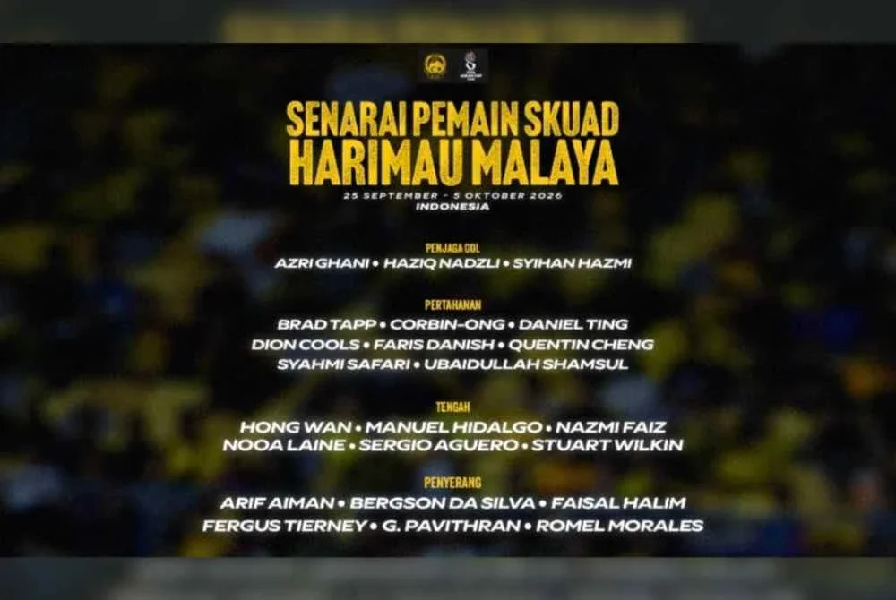 Senarai 23 pemain yang membawa cabaran Harimau Malaya pada Piala Asean FIFA 2026 di Jakarta dan Bandung, Indonesia dari 25 September hingga 5 Oktober ini.