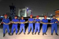 Empat anggota Angkatan Pertahanan Awam Malaysia (APM) Daerah Cheras digerakkan bagi menangani kejadian ular sawa 'gergasi' ditemui di Bangunan Hive 9, Mranti Park, Puchong Bukit Jalil.