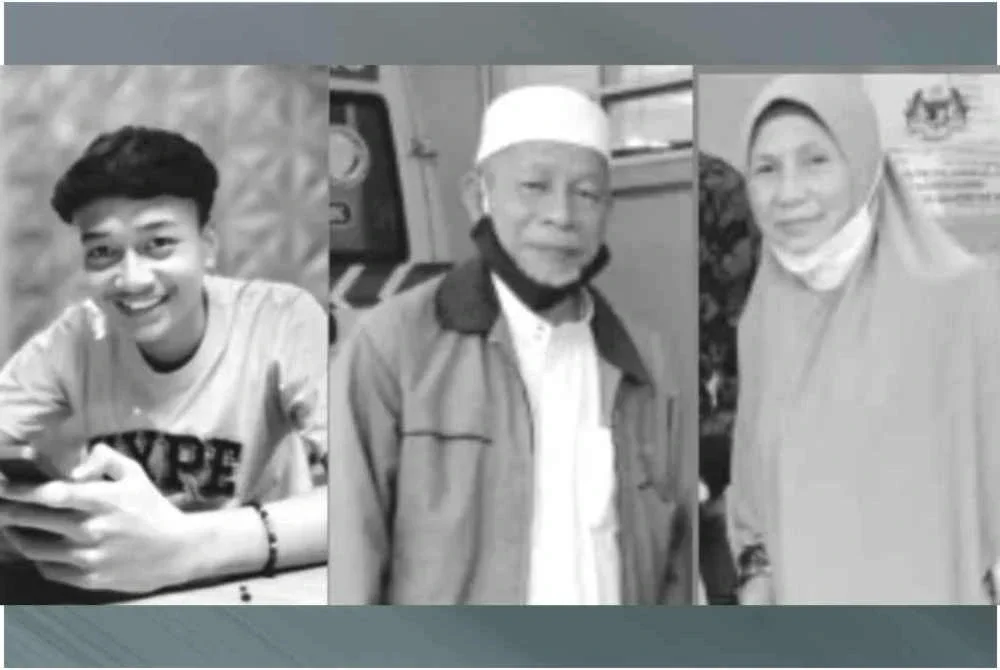 Raja Ahmad Raja Ali, 70 (tengah) Zaitun Mohamed, 64, dan cucu mereka Nik Abdurrahman Azimin Harith Helal, 18 (kiri).