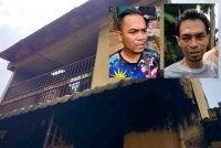 Keadaan balkoni bahagian belakang rumah mangsa yang musnah dalam kebakaran di Taman Desa Tambun di awal pagi tadi. Gambar kecil: Raja Ikhwan Hadi, Helal