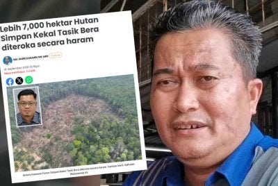 Mohd Shukri dan laporan Sinar Harian mengenai isu kawasan Hutan Simpan Kekal Tasik Bera yang diteroka secara haram dengan tanaman sawit, getah, dan pelbagai tanaman kontan.