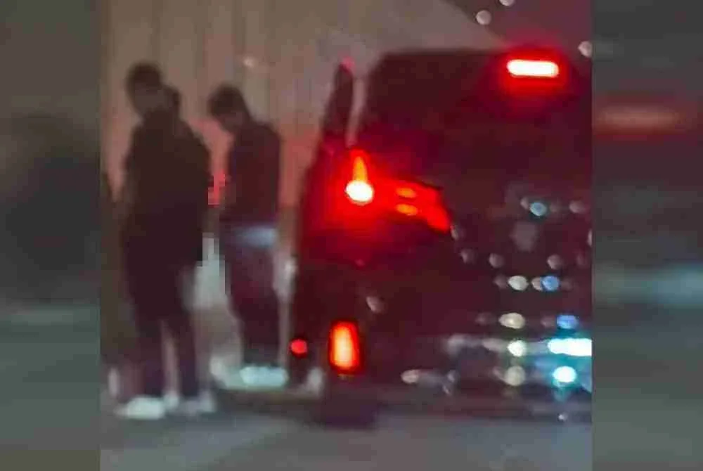 Tangkap layar memaparkan tiga lelaki membuang air kecil di tepi jalan Lebuhraya EDL, Johor Bahru.