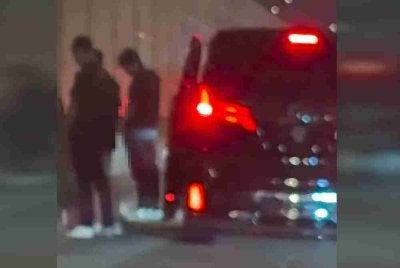 Tangkap layar memaparkan tiga lelaki membuang air kecil di tepi jalan Lebuhraya EDL, Johor Bahru.