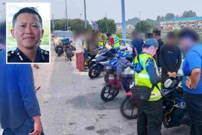 Polis melaksanakan operasi penguatkuasaan banteras samseng jalanan di sekitar Persiaran Pulau Lumut Klang pada Ahad. Gambar kecil: Jit Huey