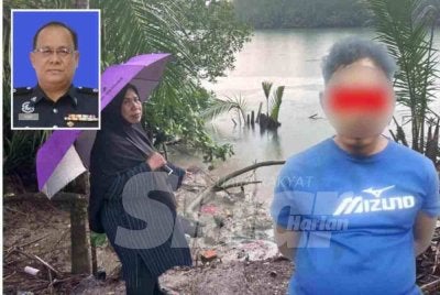 Suspek (kanan) mencampakkan kanak-kanak perempuan berusia lima tahun ke dalam sungai di Kampung Padang, Tanjung Sedili, Kota Tinggi. Gambar kecil: Yusof Othman