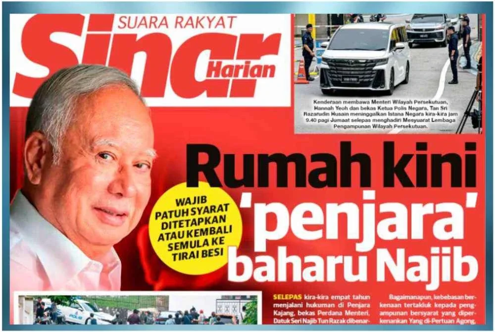 Laporan muka depan Sinar Harian pada Sabtu mengenai tahanan rumah Najib.