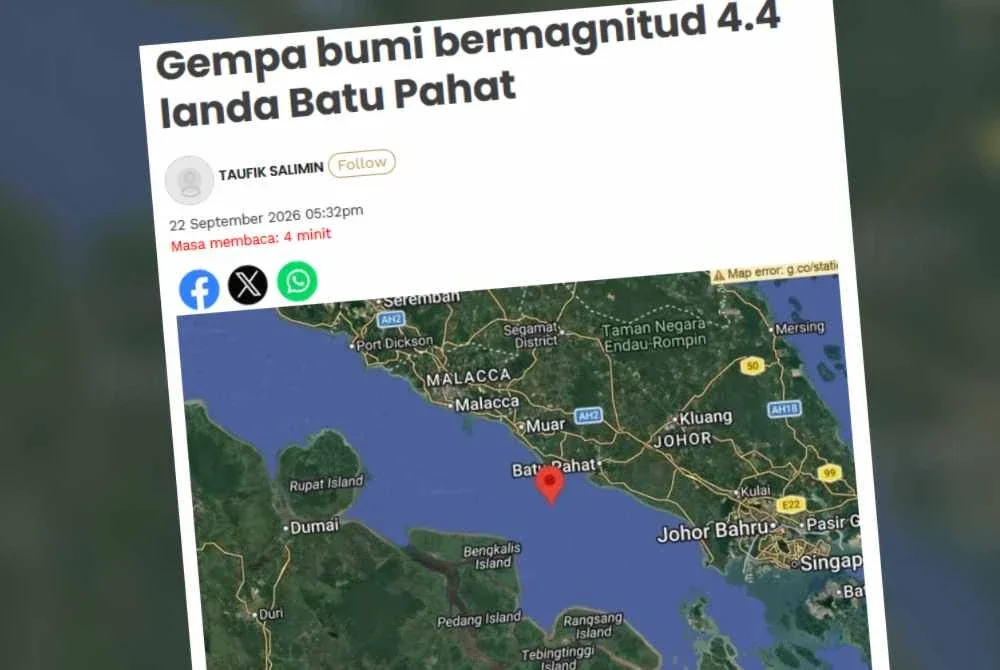 Laporan Sinar Harian mengenai kejadian gempa bumi lemah bermagnitud 4.4 di Perairan Batu Pahat pada petang Selasa.