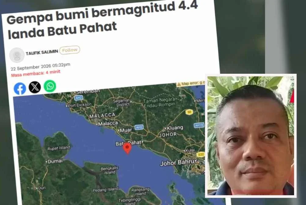 Laporan Sinar Harian mengenai kejadian gempa bumi lemah bermagnitud 4.4 di Perairan Batu Pahat pada petang Selasa. Gambar kecil: Ahmad Asri