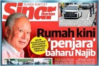 Laporan muka depan Sinar Harian pada Sabtu mengenai tahanan rumah Najib.