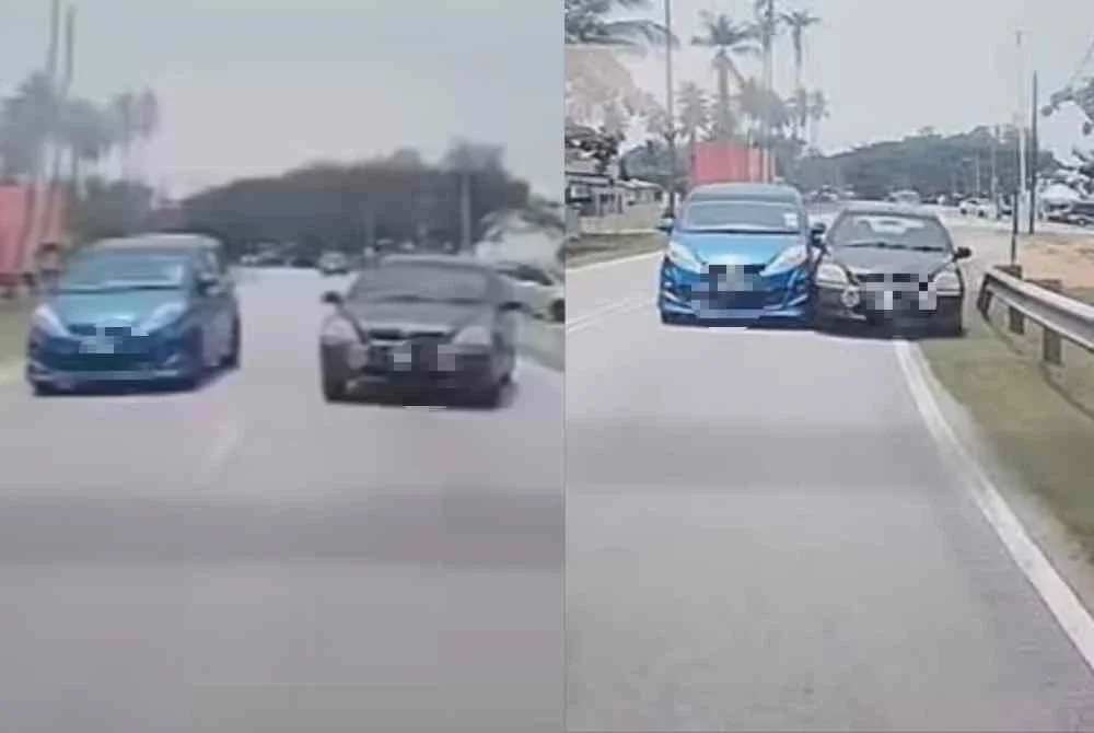 Tangkap layar video tular memaparkan aksi kereta berwarna hitam dipandu lelaki terbabit menghimpit sebuah kenderaan lain di Jalan Pantai Sepat.