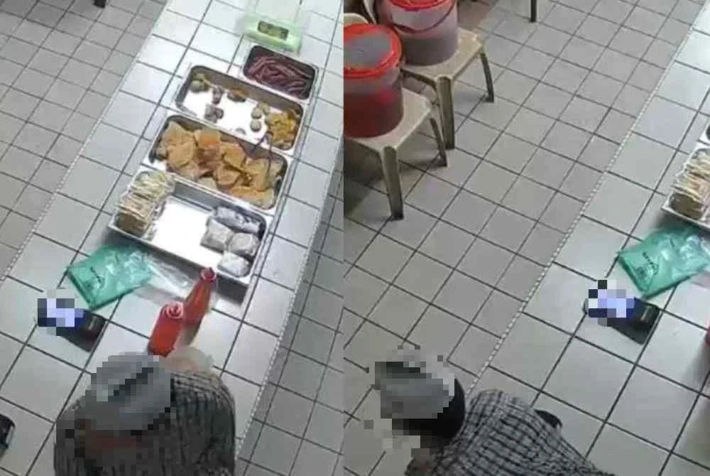 Rakaman CCTV yang memaparkan pelajar berkenaan yang memakai baju kurta kelabu berseluar hitam serta berkopiah memanjat kaunter sebelum mengambil wang bersebelahan peti duit.