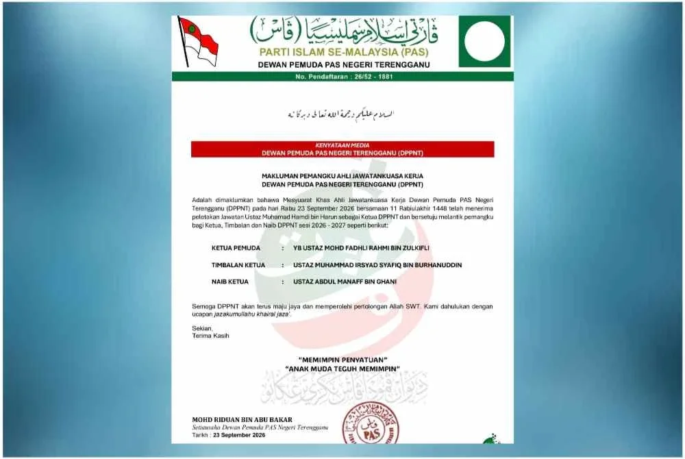 Surat rasm bertarikh 23 September yang dikeluarkan di laman sosial Pemuda Pas Terengganu pada Khamis.