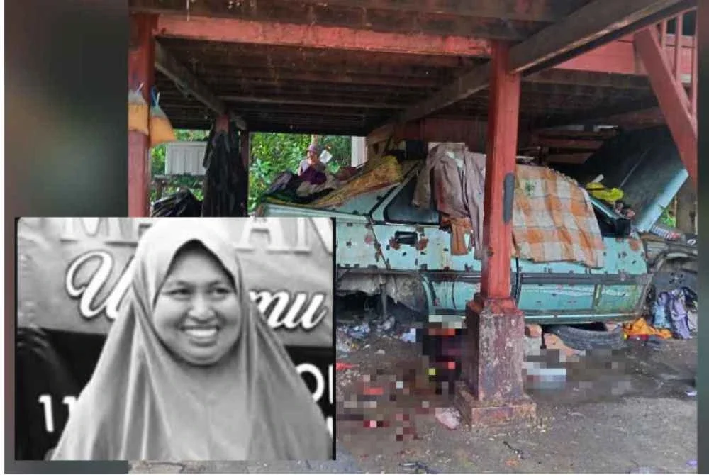 Keadaan di bawah rumah mangsa yang terdapat darah akibat kejadian tersebut. Gambar kecil: Mangsa, Nor Ainon Omar, 49