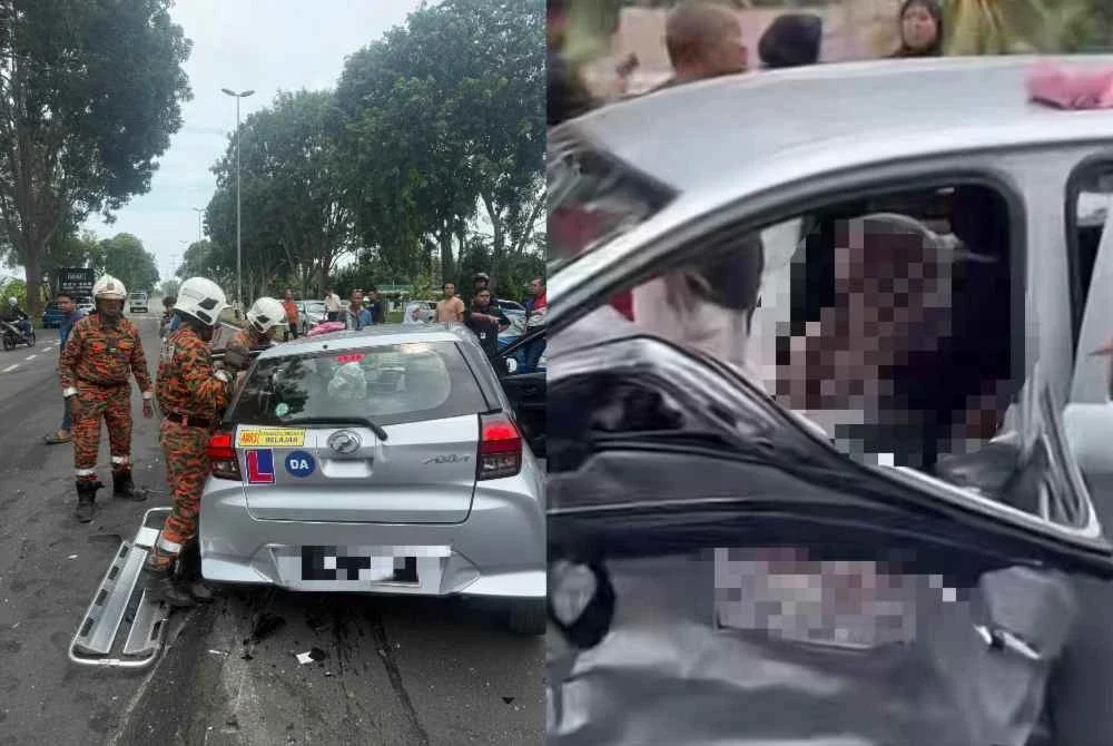 Keadaan pelajar dan 'çikgu' sekolah memandu yang tersepit dalam kemalangan di hadapan institut memandu di Kandang pada Khamis.