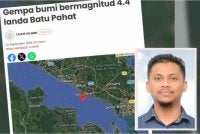 Laporan Sinar Harian mengenai kejadian gempa bumi lemah bermagnitud 4.4 di Perairan Batu Pahat pada petang Selasa. Foto kecil: Muhd Nur Ismail