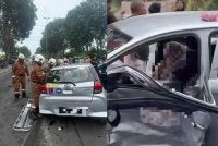 Keadaan pelajar dan 'çikgu' sekolah memandu yang tersepit dalam kemalangan di hadapan institut memandu di Kandang pada Khamis.