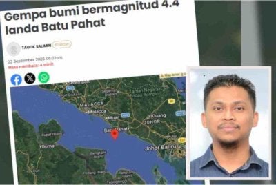 Laporan Sinar Harian mengenai kejadian gempa bumi lemah bermagnitud 4.4 di Perairan Batu Pahat pada petang Selasa. Foto kecil: Muhd Nur Ismail
