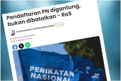Laporan Sinar Harian mengenai pendaftaran PN digantung RoS pada Khamis. 