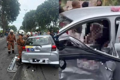 Keadaan pelajar dan 'çikgu' sekolah memandu yang tersepit dalam kemalangan di hadapan institut memandu di Kandang pada Khamis.