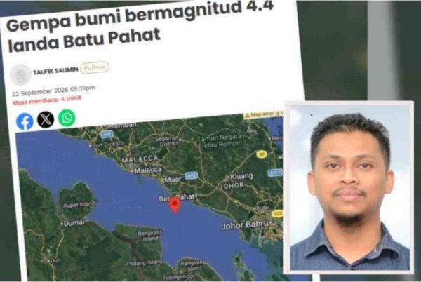Laporan Sinar Harian mengenai kejadian gempa bumi lemah bermagnitud 4.4 di Perairan Batu Pahat pada petang Selasa. Foto kecil: Muhd Nur Ismail