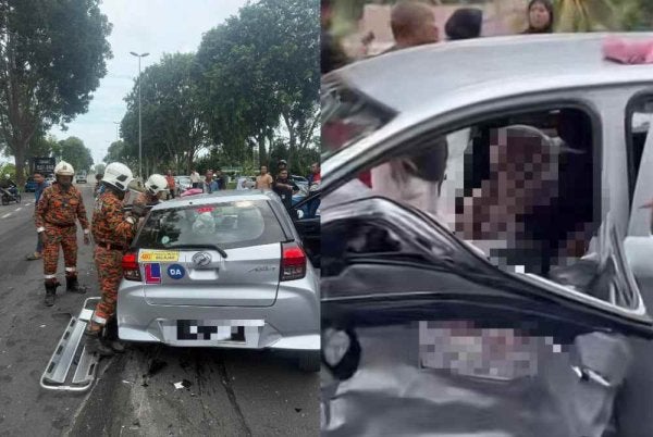 Keadaan pelajar dan 'çikgu' sekolah memandu yang tersepit dalam kemalangan di hadapan institut memandu di Kandang pada Khamis.