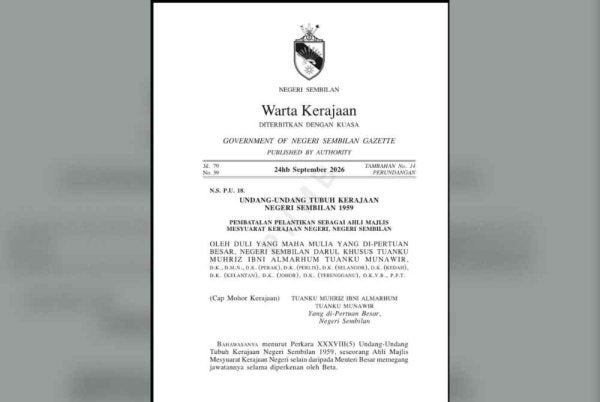 Warta pembatalan jawatan 10 Exco Negeri Sembilan yang tersebar