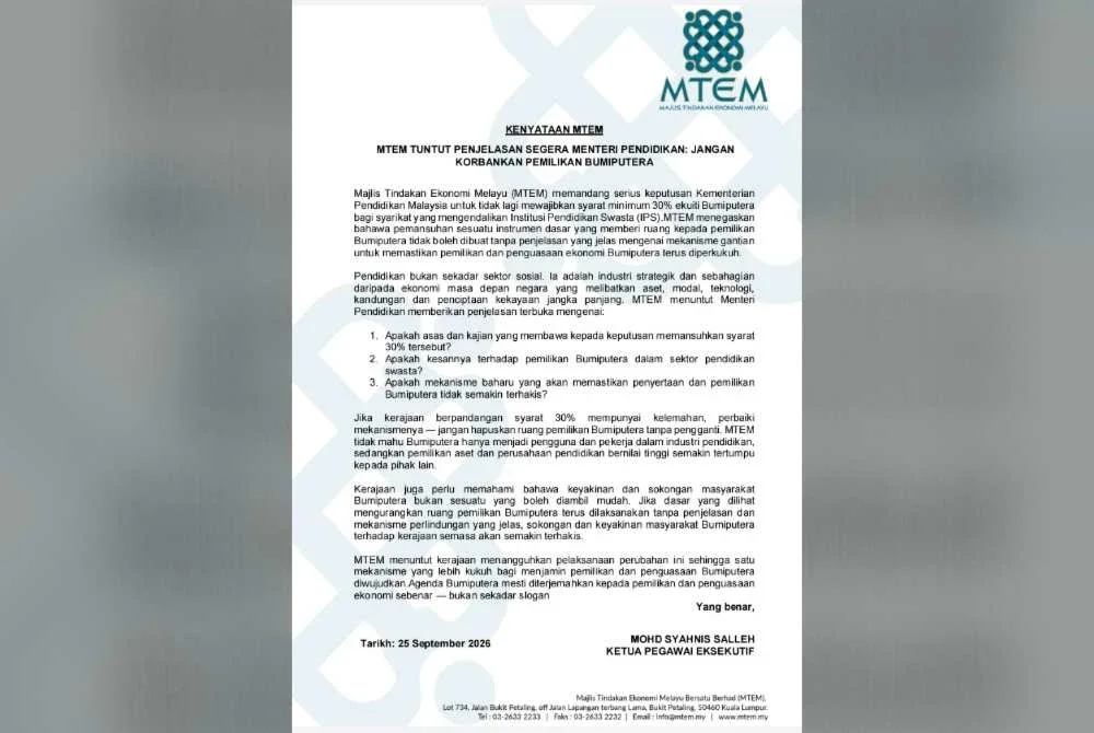 MTEM tuntut kerajaan tangguh perubahan syarat ekuiti Bumiputera MTEM tuntut kerajaan tangguh perubahan syarat ekuiti Bumiputera