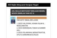 Portal rasmi KerajaaNegeri Sembilan hanya memaparkan Ismail sebagai Ahli Majlis Mesyuarat Kerajaan Negeri.