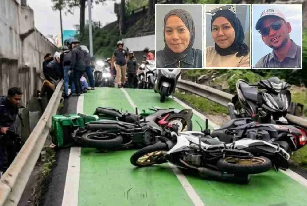 Kejadian tular melibatkan beberapa motosikal terbabas di laluan hijau Lebuhraya Persekutuan menghala Klang. Gambar kecil dari kiri: Munirah, Nor Dalelah dan Osman.