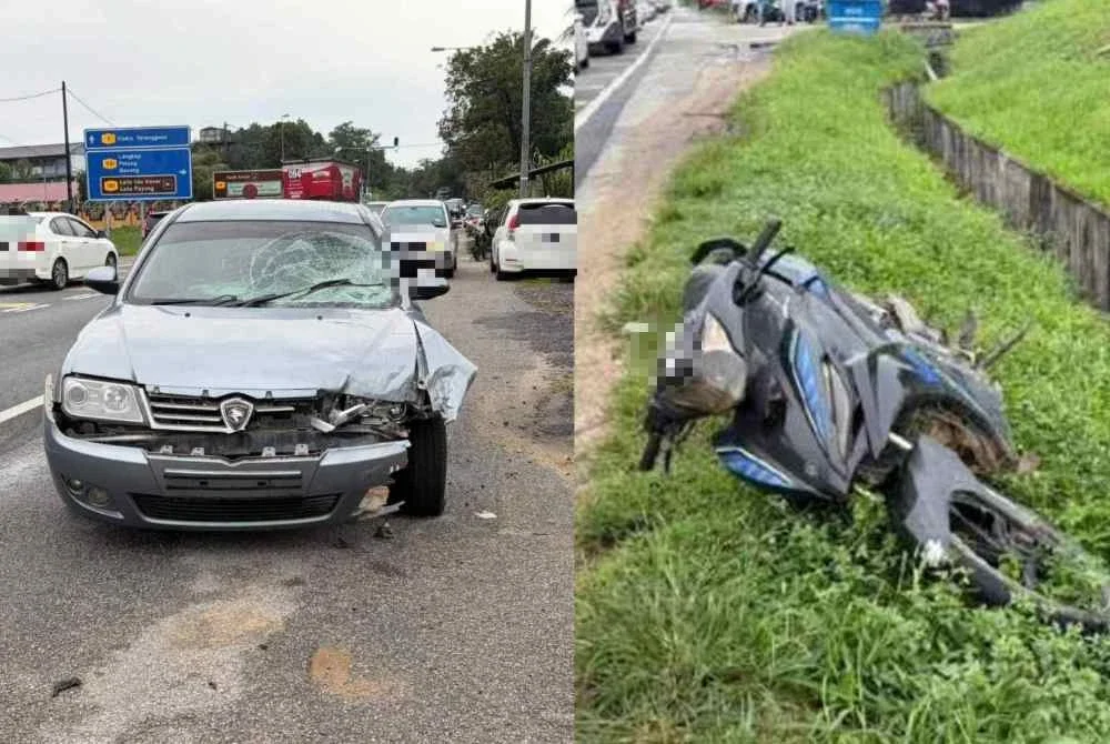 Keadaan motosikal dan sebuah kereta yang terlibat dalam kemalangan di Kilometer 50, Jalan Kuala Terengganu-Kota Bharu pada pagi Ahad. Foto polis