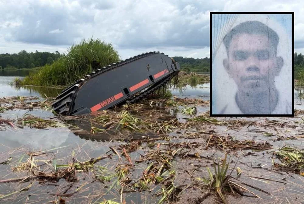 Pemandu jengkaut yang ditemukan lemas selepas jentera dikendalikannya terbalik di Tasik Bera dikenal pasti sebagai Alief Daniel Haqim Abdullah (gambar kecil).