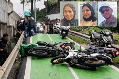 Kejadian tular melibatkan beberapa motosikal terbabas di laluan hijau Lebuhraya Persekutuan menghala Klang. Gambar kecil dari kiri: Munirah, Nor Dalelah dan Osman. 
