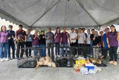 Sandrea (lapan dari kiri) ketika hadir merasmikan program Perak Pawsitive@Tanjung Malim di Klinik Haiwan dan Surgeri Tanjung Malim pada Sabtu.
