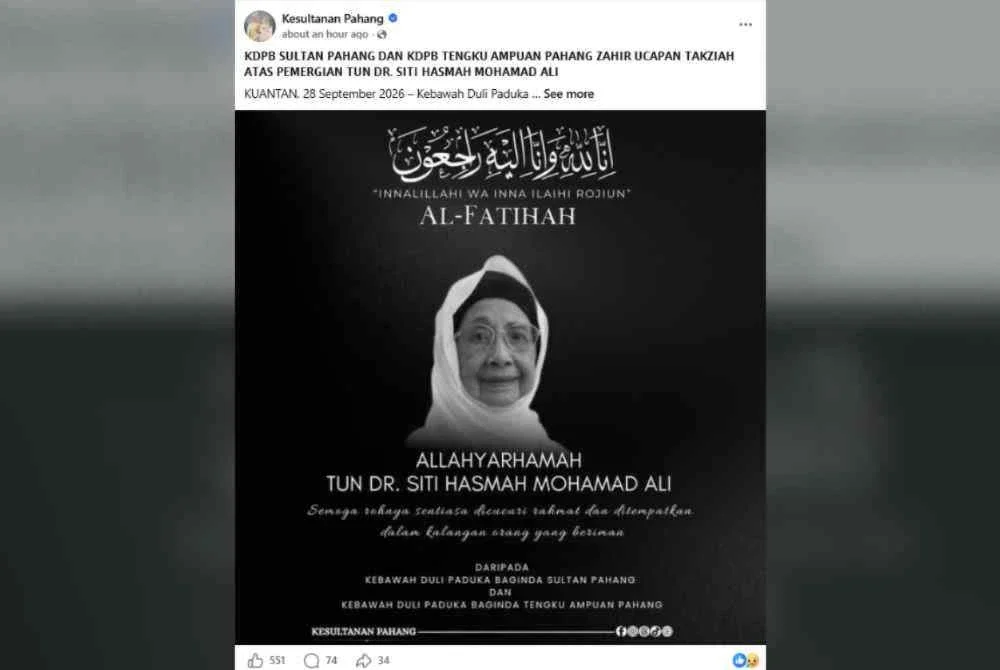 Tangkap layar di laman Facebook Kesultanan Pahang.