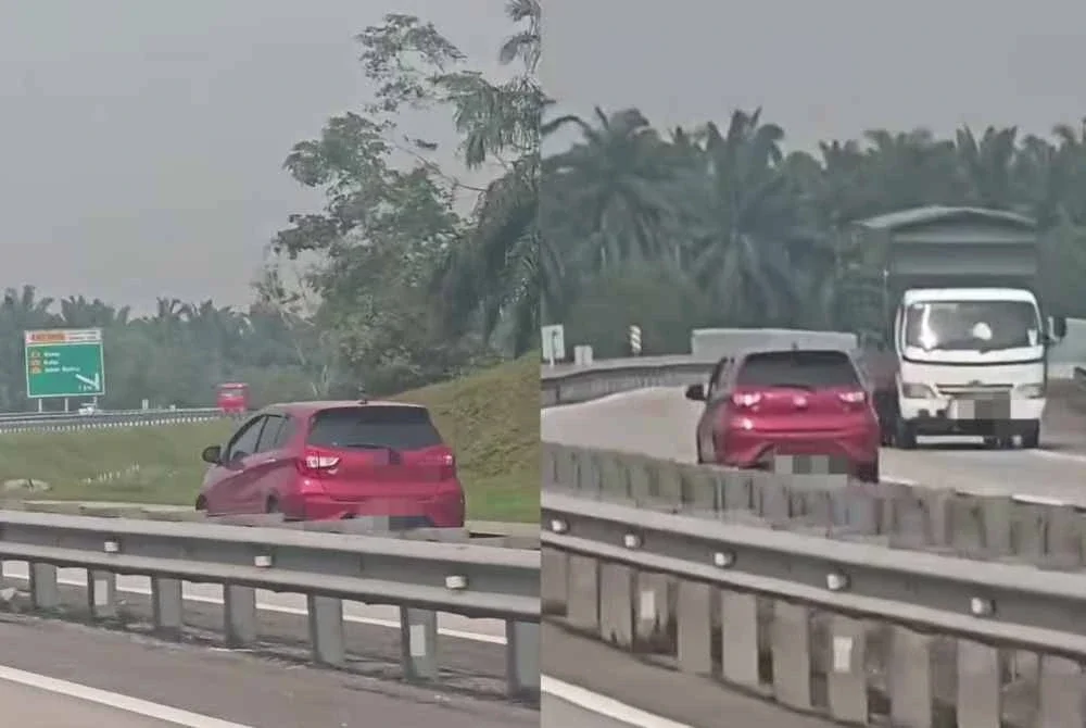 Polis mengesan pemandu Perodua Myvi merah selepas kenderaan itu dipandu melawan arus di KM3.4 Lebuhraya Senai-Desaru (SDE) dekat Kulai.