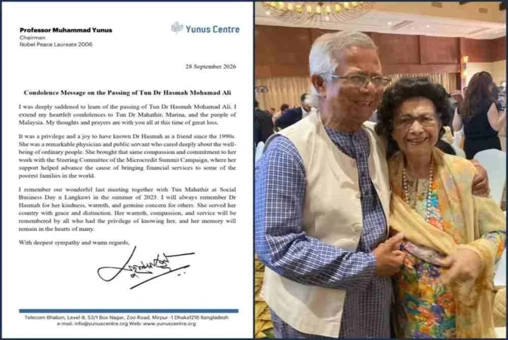 Pemenang Hadiah Nobel Profesor Muhammad Yunus memuat naik hantaran di Facebook mengenang Allahyarham Tun Dr Hasmah. Foto Facebook Yunus Centre.