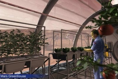 Gambaran konseptual rumah hijau di permukaan Marikh. Foto kredit: NASA/Bahagian Kejuruteraan dan Pembangunan Sistem Manusia