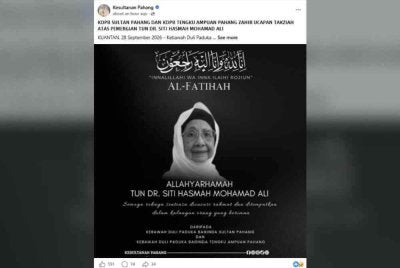 Tangkap layar di laman Facebook Kesultanan Pahang. 