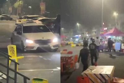 Tangkap layar video tular memaparkan sebuah kereta merempuh meja dan kerusi gerai bubur di Taman Sentosa, Johor Bahru.