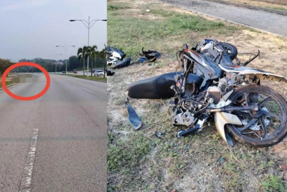 Lokasi kemalangan dan keadaan motosikal mangsa yang terlibat dalam nahas di Kilometer 1.5 Jalan Persiaran Timur di sini pada Isnin.