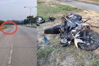 Lokasi kemalangan dan keadaan motosikal mangsa yang terlibat dalam nahas di Kilometer 1.5 Jalan Persiaran Timur di sini pada Isnin.