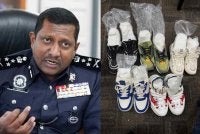 Lima pasang kasut dirampas POLRI susulan penahanan lima warga Malaysia dengan rampasan dadah disyaki otomidate di Lapangan Terbang Antarabangsa Soekarno-Hatta, Jakarta di Indonesia 25 September lalu dan Hussein (kiri)