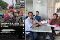Nur Rahimah yang bergantung kepada basikal untuk mencari rezeki dengan menghantar makanan di sekitar Kajang dan Bangi menerima bantuan LZS serta TNB - Foto: says.com dan LZS