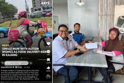 Nur Rahimah yang bergantung kepada basikal untuk mencari rezeki dengan menghantar makanan di sekitar Kajang dan Bangi menerima bantuan LZS serta TNB - Foto: says.com dan LZS