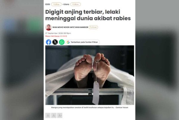 Seorang lelaki di Kubang Pasu meninggal dunia akibat rabies pada Ahad.