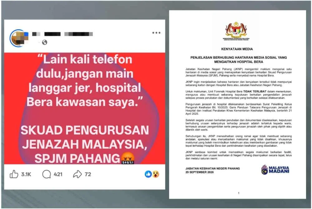JKNP menafikan kaitan Hospital Bera dengan satu hantaran di media sosial membabitkan isu pengurusan jenazah yang didakwa berlaku di hospital berkenaan.